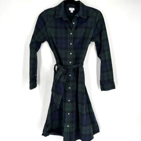 J. Crew Black Watch Tartan Plaid Knew Length Shirt Dress Size 2 Blue & Green - Picture 2 of 12